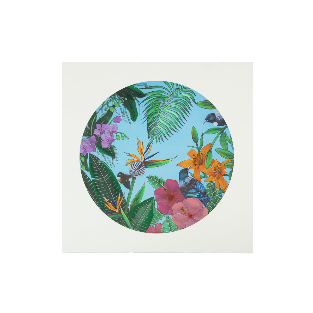 Square wall art featuring colourful New Zealand native birds, including a Tui and Piwakawaka, surrounded by lush tropical green foliage, vibrant orange lilies and pink and purple flowers, set against a bright blue circular background with a white border.