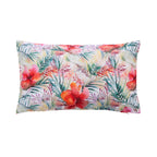 An outdoor breakfast cushion featuring a vibrant tropical floral and palm leaf print on a light cream background, isolated on a white studio background.