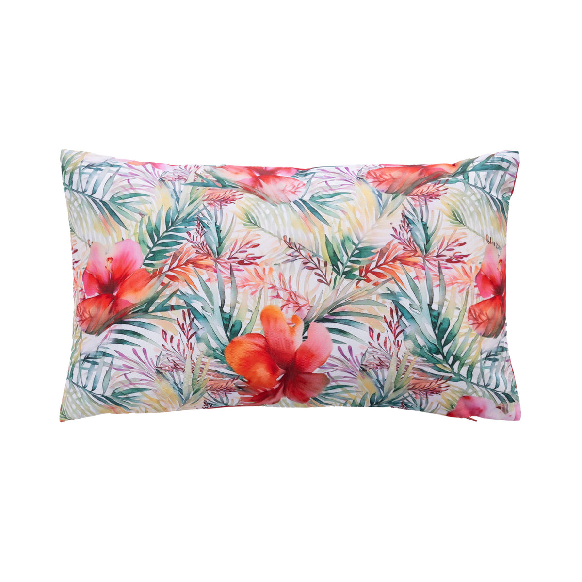 An outdoor breakfast cushion featuring a vibrant tropical floral and palm leaf print on a light cream background, isolated on a white studio background.