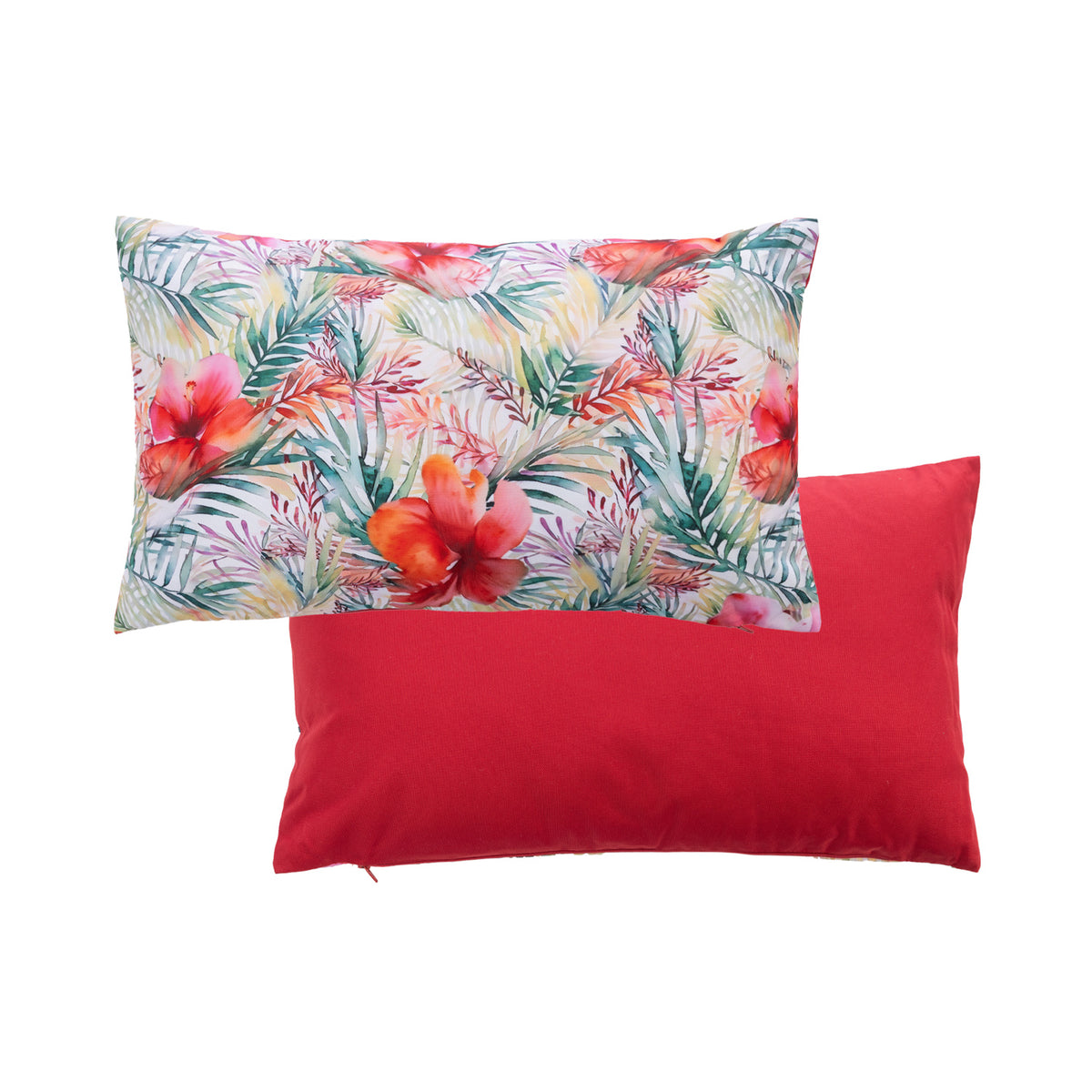 An outdoor breakfast cushion featuring a vibrant tropical pattern on a light background, with a plain red reverse shown against a plain white studio backdrop.