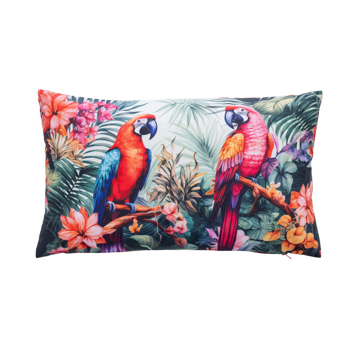 A outdoor breakfast cushion featuring a vibrant tropical print with two colorful macaws perched among lush green leaves and pink flowers, shown against a plain white background.