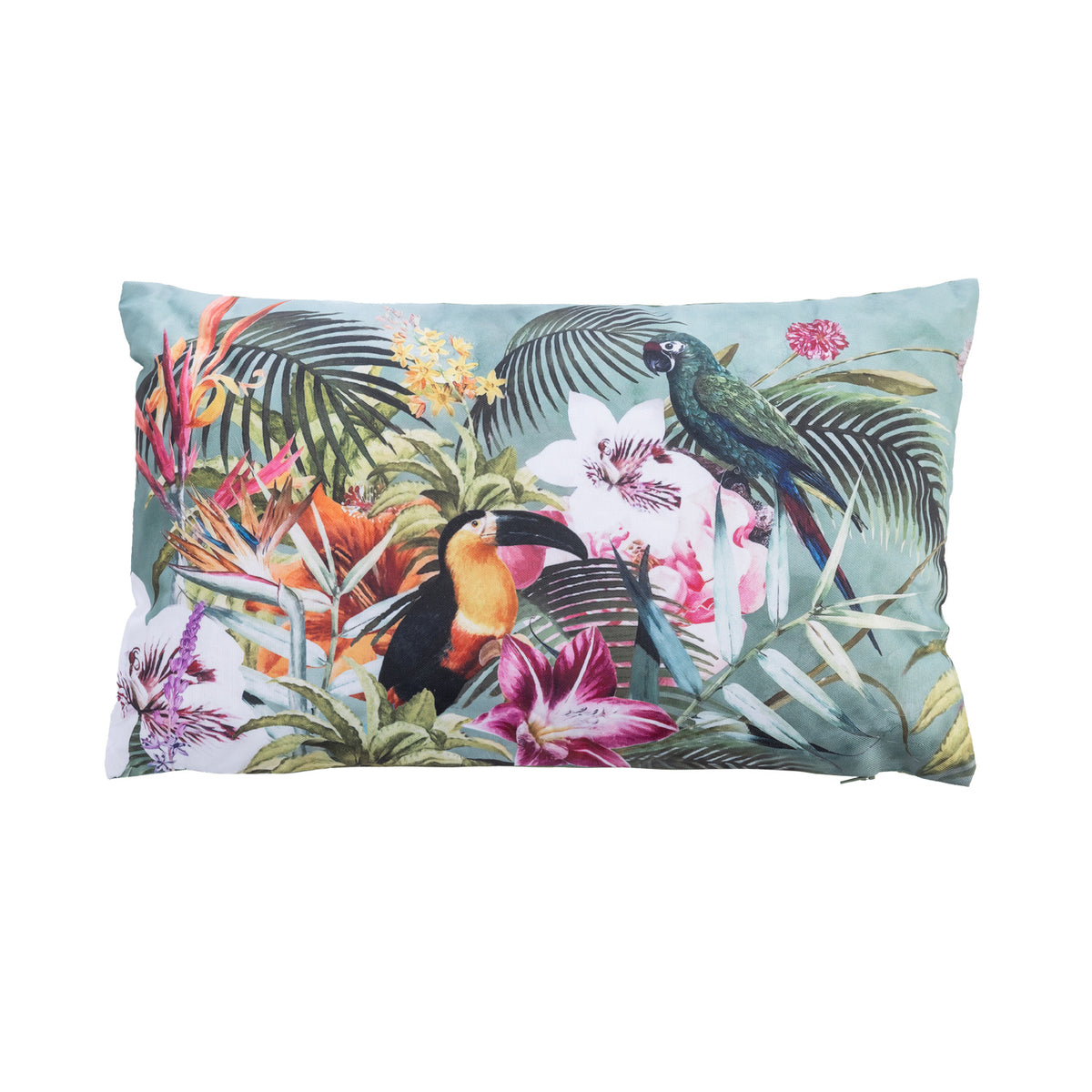 An outdoor breakfast cushion featuring a vibrant tropical jungle print with toucans, parrots, palm leaves, and flowers on a  soft green background.