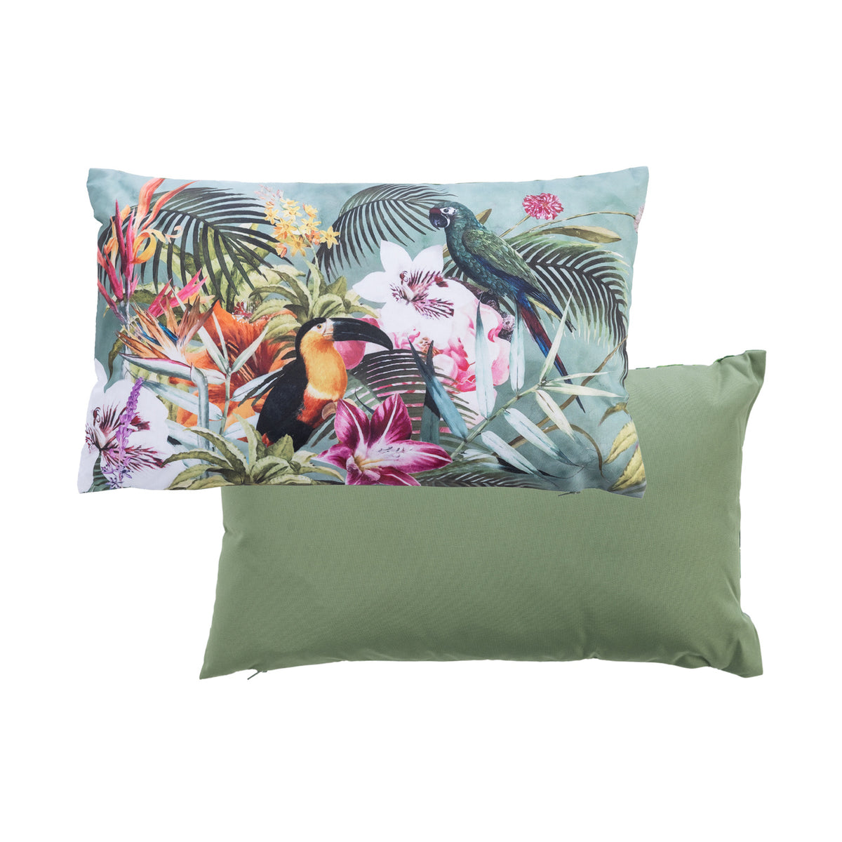 An outdoor breakfast cushion featuring a vibrant tropical pattern on a soft green background, with a plain green reverse shown against a plain white studio backdrop.