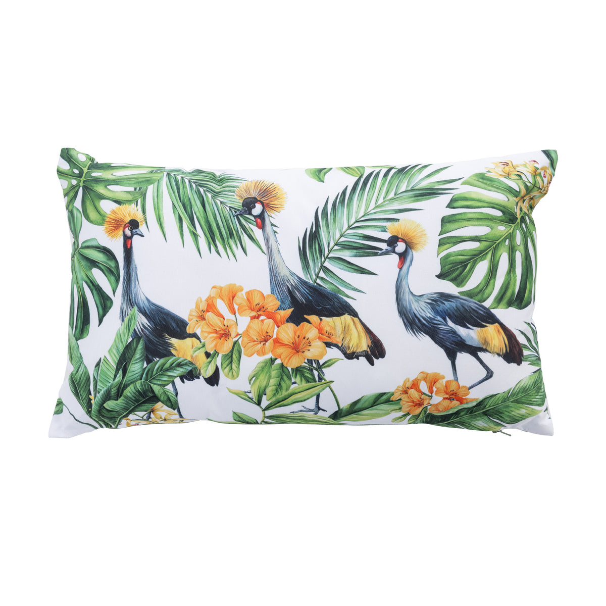 An outdoor breakfast cushion featuring a vibrant tropical bird, floral and palm leaf print on a light background, isolated on a white studio background.
