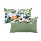 An outdoor breakfast cushion featuring a vibrant bird & tropical pattern on a light background, with a plain green reverse shown against a plain white studio backdrop.