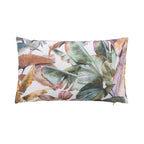 An outdoor breakfast cushion featuring a tropical leaf print on a light background, isolated on a white studio background.