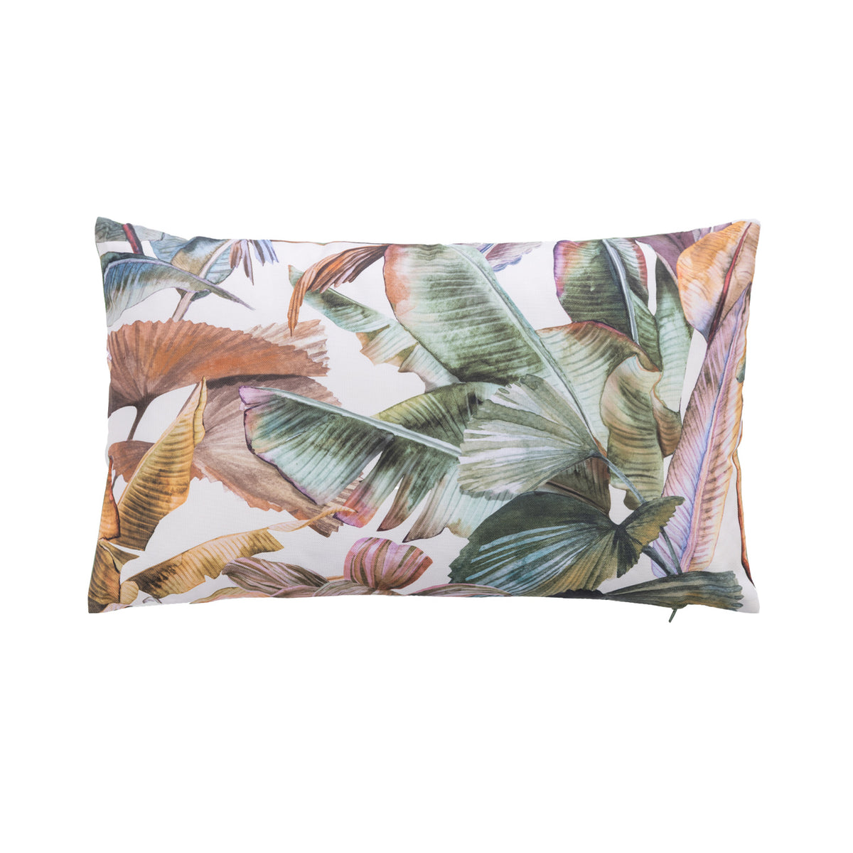 An outdoor breakfast cushion featuring a tropical leaf print on a light background, isolated on a white studio background.