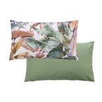 An outdoor breakfast cushion featuring a tropical leaf print on a light background, with a plain green reverse shown against a plain white studio backdrop.