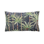 An outdoor breakfast cushion featuring a tropical palm tree pattern on a dark charcoal background, shown against a plain white studio backdrop.