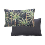 An outdoor breakfast cushion featuring a tropical palm tree pattern on a dark charcoal background, with a plain dark charcoal reverse.