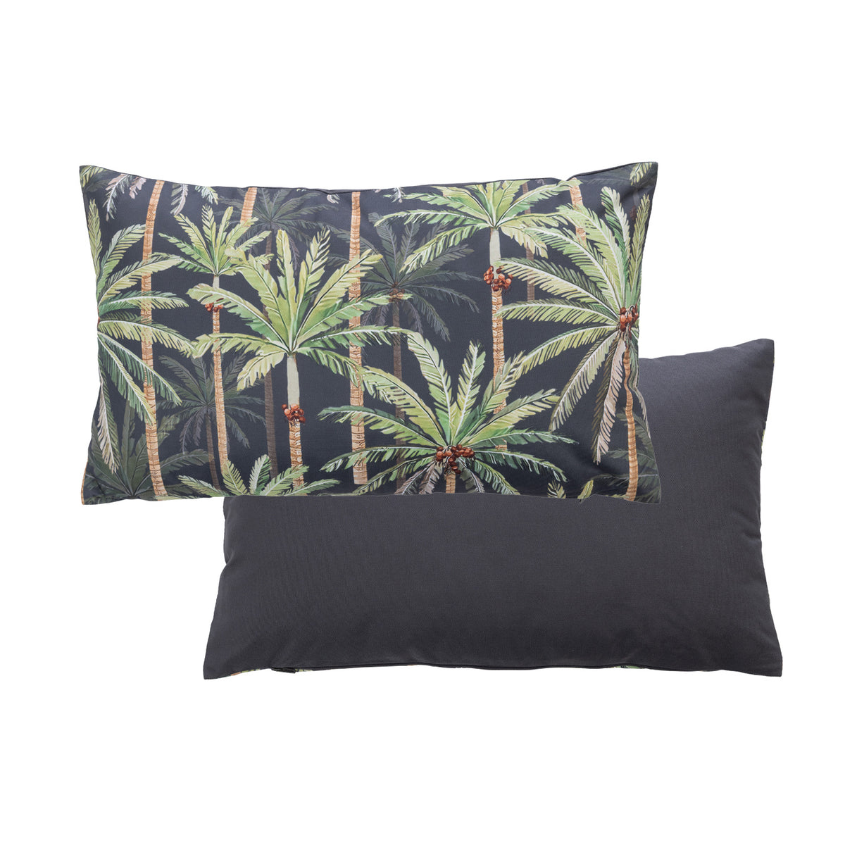 An outdoor breakfast cushion featuring a tropical palm tree pattern on a dark charcoal background, with a plain dark charcoal reverse.