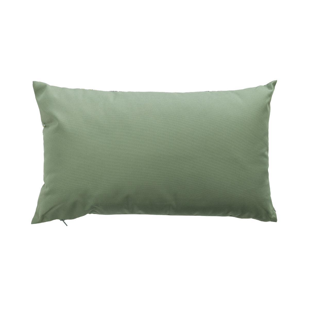 An outdoor breakfast cushion reverse featuring a plain soft green hue, shown against a plain white studio backdrop.