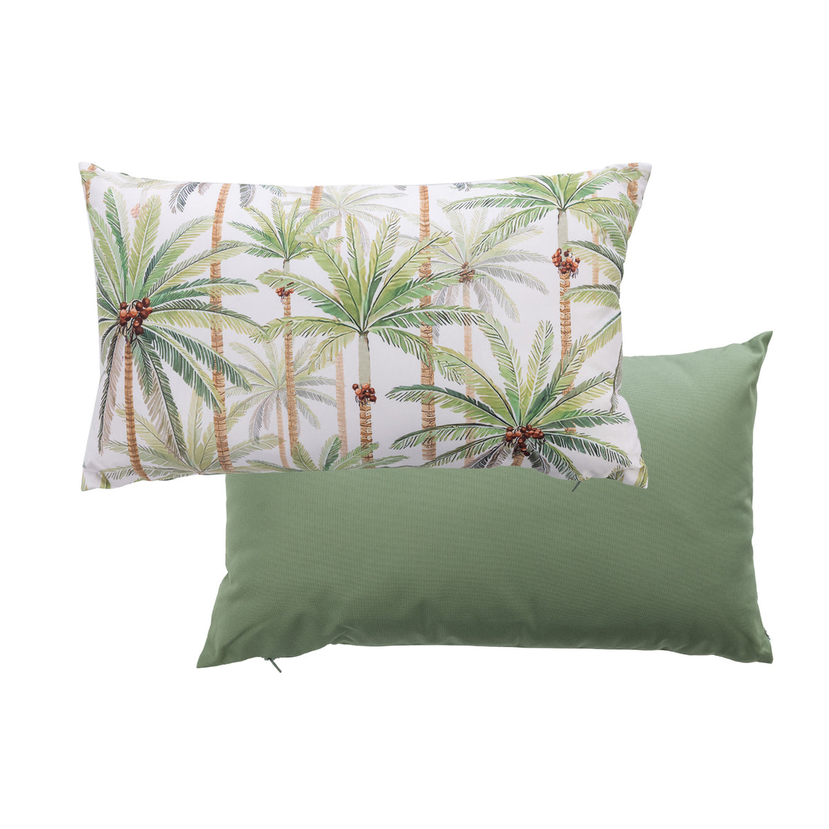 An outdoor breakfast cushion featuring a tropical palm tree pattern on a light background, with a plain soft green reverse.