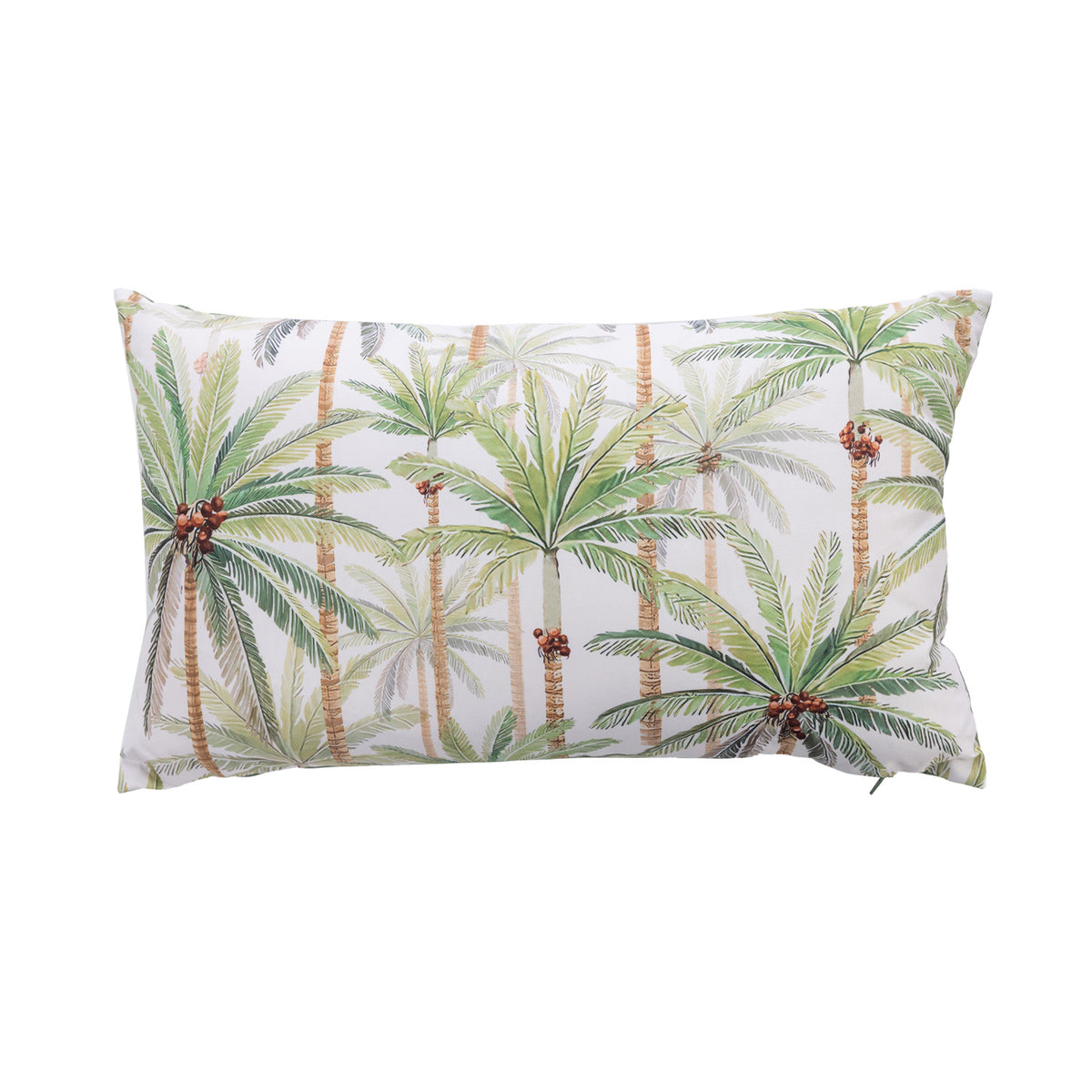 An outdoor cushion featuring a tropical palm tree pattern on a white background, photographed against a solid white studio backdrop.