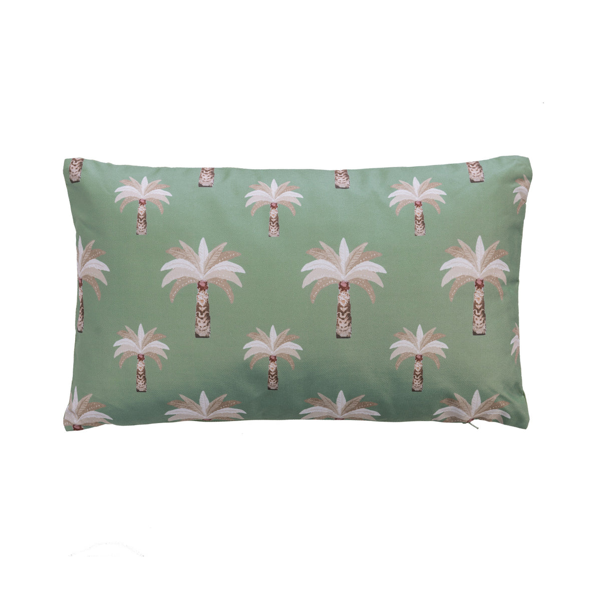 An outdoor cushion featuring a repeating palm tree pattern on a sage green background, with white and neutral fronds and brown trunks.