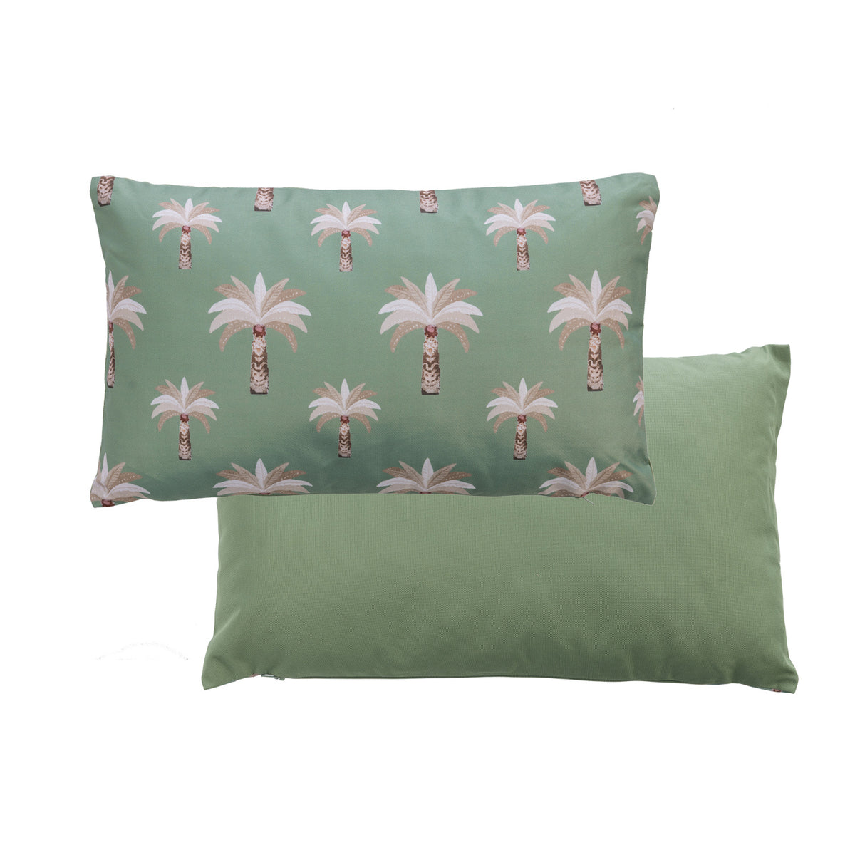 An outdoor breakfast cushion featuring a tropical palm tree pattern on a soft green background, with a plain soft green reverse.