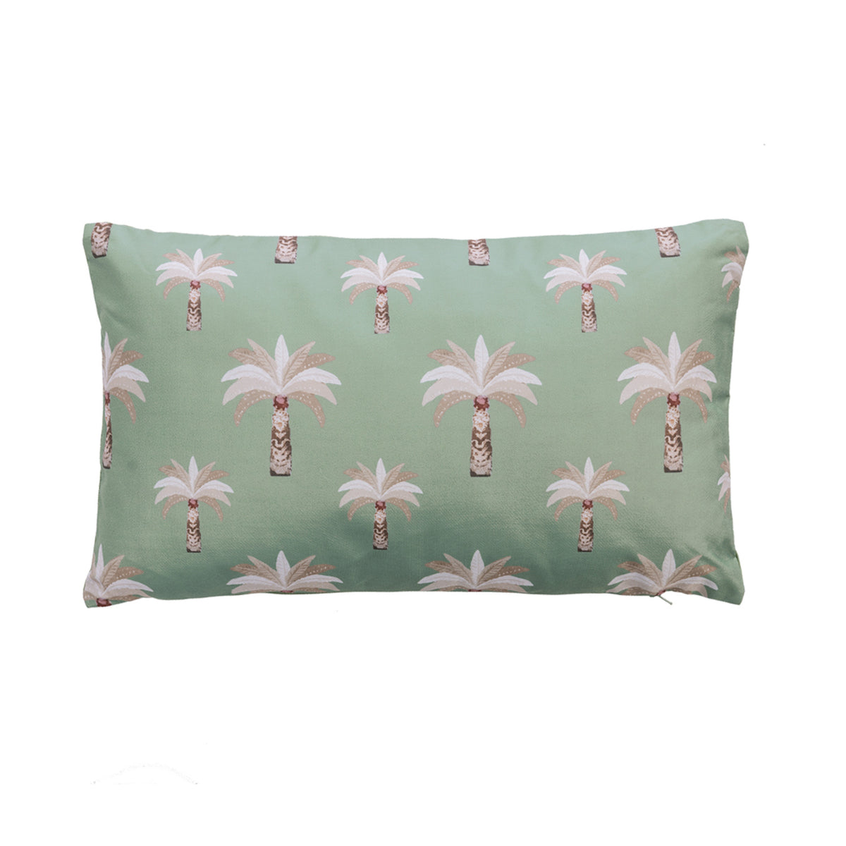 An outdoor cushion featuring a repeating palm tree pattern on a sage green background, with white and neutral fronds and brown trunks.
