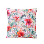 A square outdoor cushion featuring a vibrant tropical floral print with hibiscus flowers and palm leaves in shades of pink, red, orange, and green on a light background.