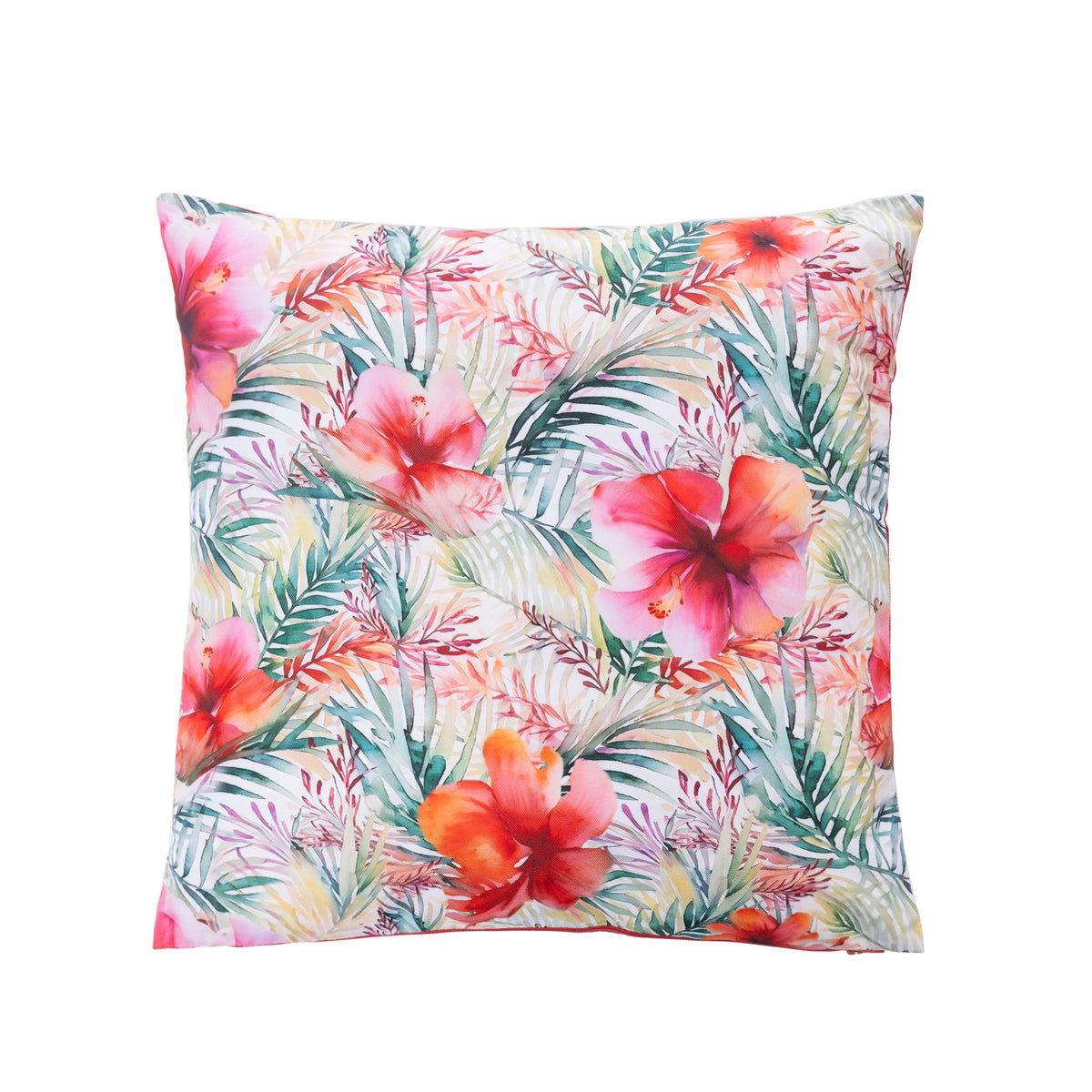A square outdoor cushion featuring a vibrant tropical floral print with hibiscus flowers and palm leaves in shades of pink, red, orange, and green on a light background.