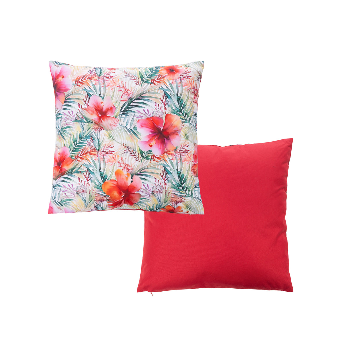 An outdoor square cushion featuring a vibrant tropical pattern on a light background, with a plain red reverse shown against a plain white studio backdrop.