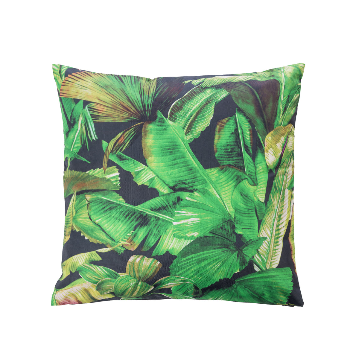 A outdoor cushion featuring a vibrant green tropical banana leaf pattern on a dark charcoal background, shown against a plain white studio backdrop.