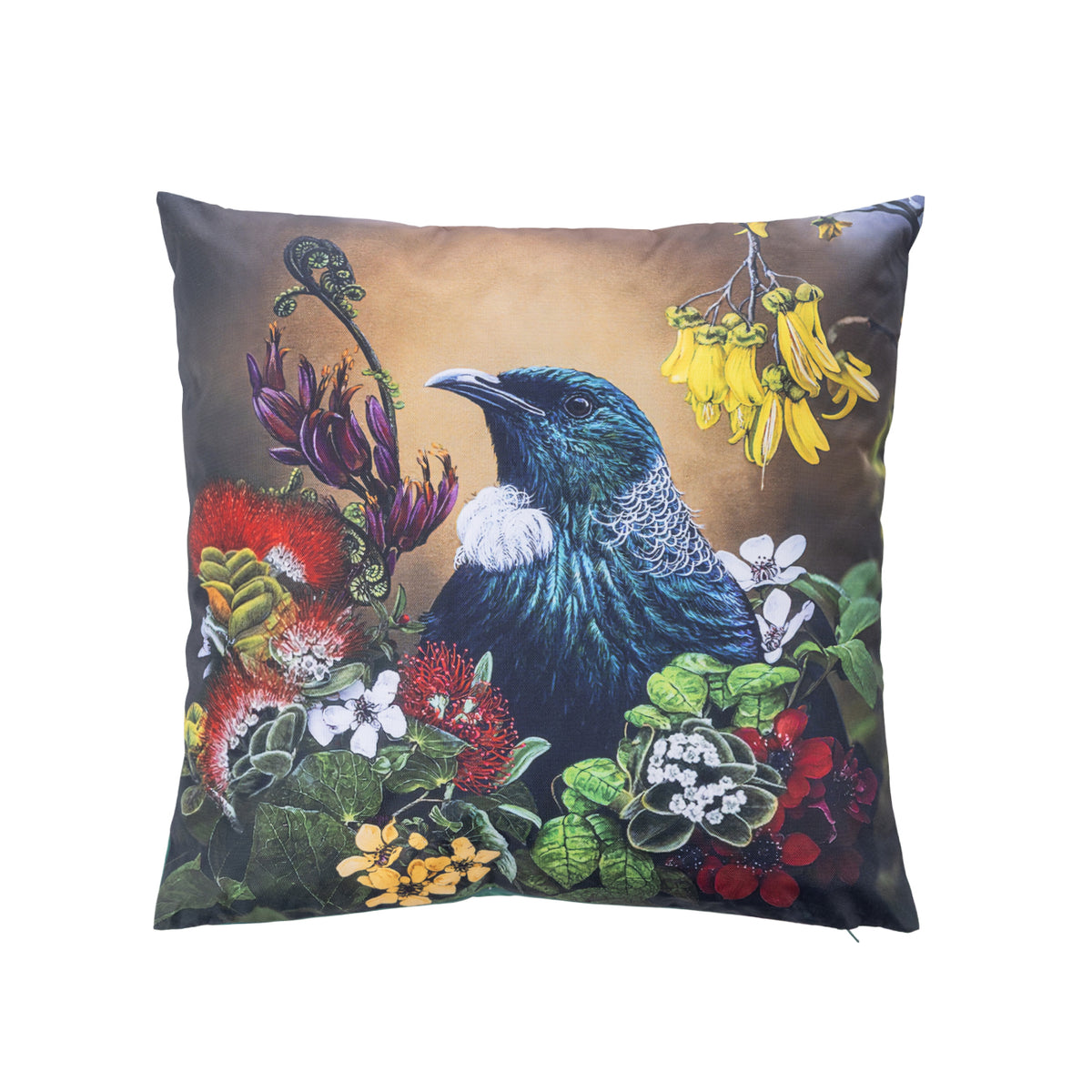 An outdoor cushion featuring a detailed print of a New Zealand tūī bird surrounded by native flowers and foliage, set against a plain white background.