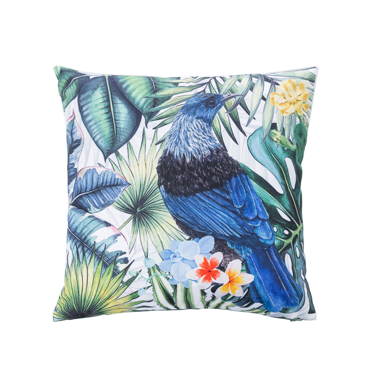 An outdoor cushion featuring a detailed print of a Tui bird perched among tropical foliage & flowers on a white background.