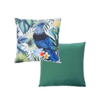 An outdoor cushion front and reverse features a detailed print of a Tui bird among tropical foliage & flowers on a light background. And a plain green reverse.