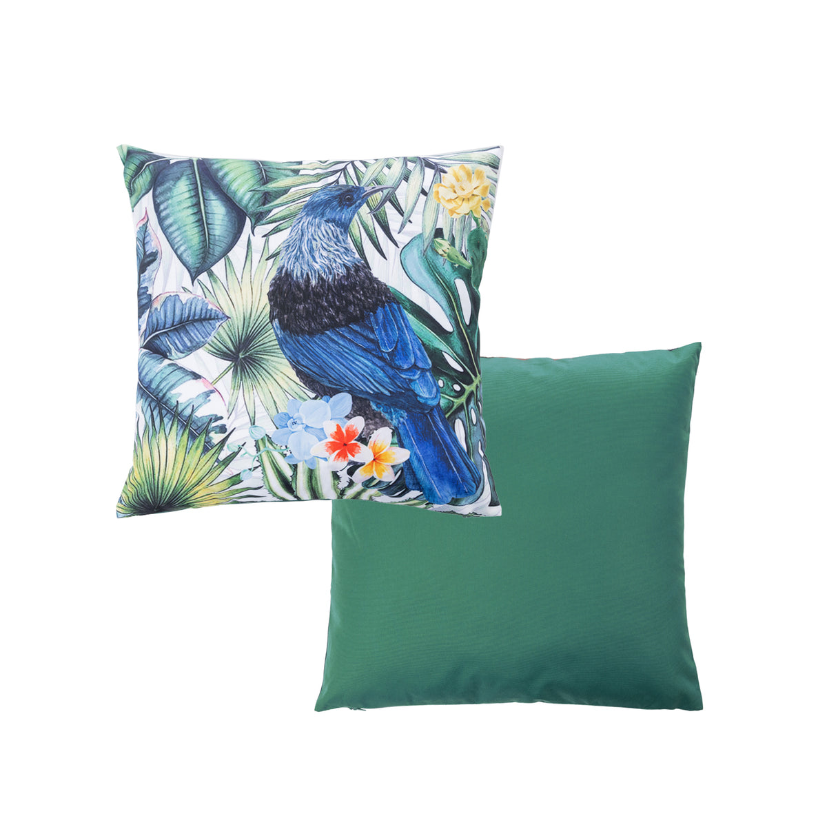 An outdoor cushion front and reverse features a detailed print of a Tui bird among tropical foliage & flowers on a light background. And a plain green reverse.