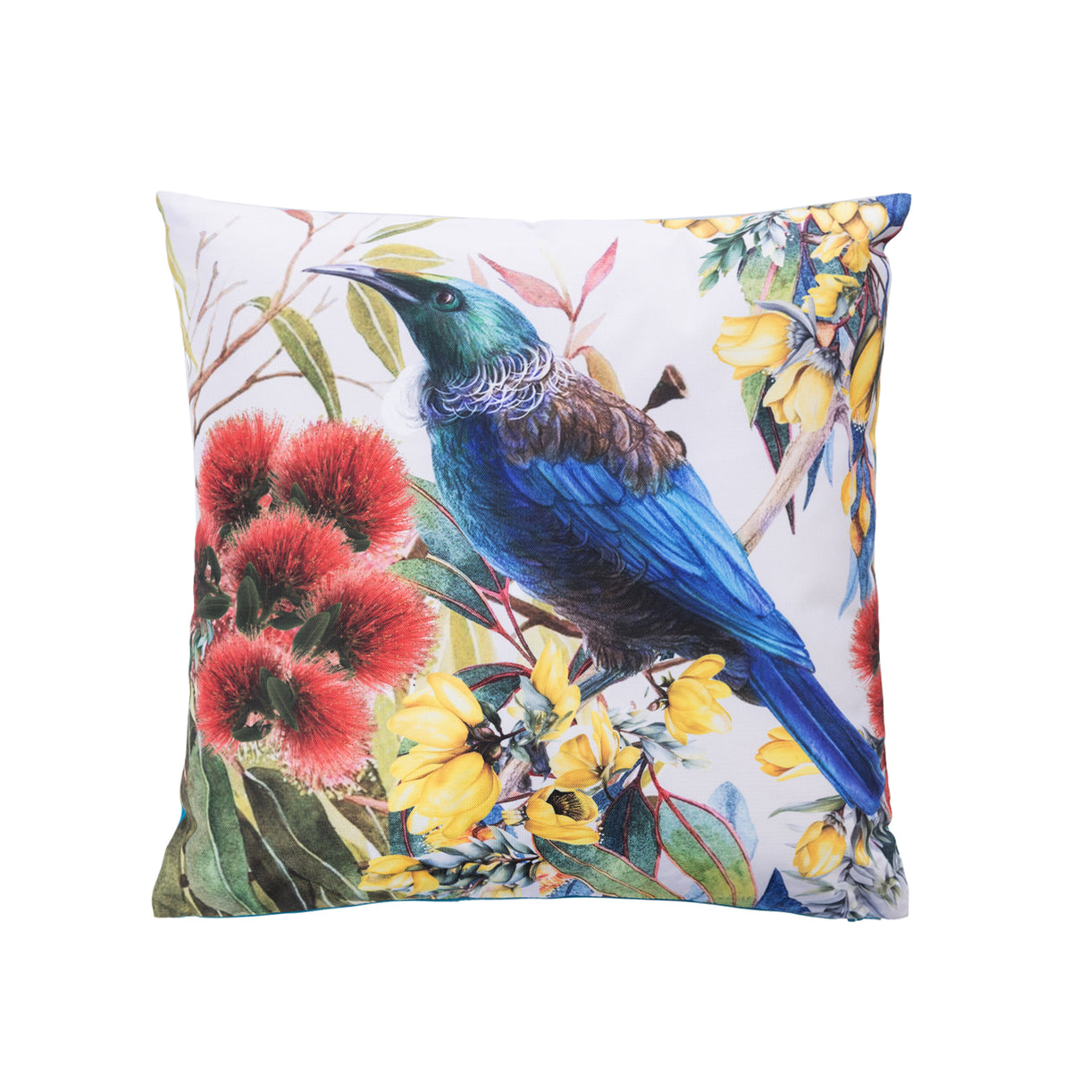 An outdoor cushion featuring a detailed print of a blue and green Tui bird perched among NZ native flowers on a white background.