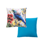 An outdoor cushion front and reverse features a detailed print of a Tui bird perched among red and yellow flowers on a light background. And a plain blue reverse.