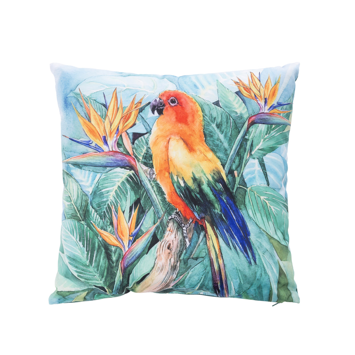An outdoor cushion featuring a detailed print of a Rosella parrot perched among tropical foliage on a white background.