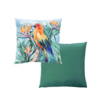 An outdoor cushion front and reverse features a detailed print of a Rosella parrot perched among tropical foliage on a light background. And a plain green reverse.