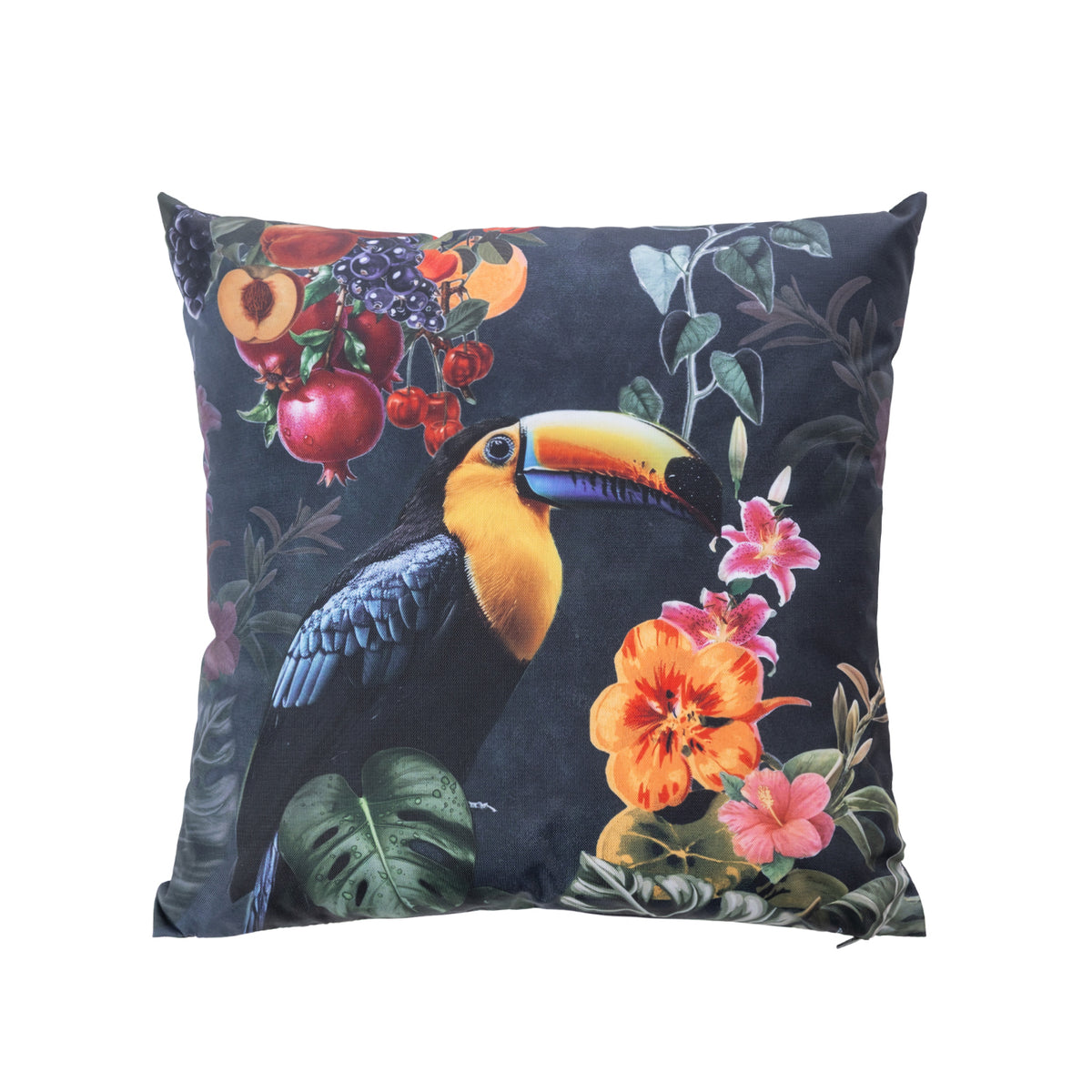 An outdoor cushion featuring a detailed print of a Toucan parrot perched among tropical foliage & fruit on a white background.