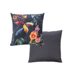 An outdoor cushion front and reverse features a detailed print of a toucan bird perched among fruit & tropical foliage on a light background. And a plain dark grey reverse.