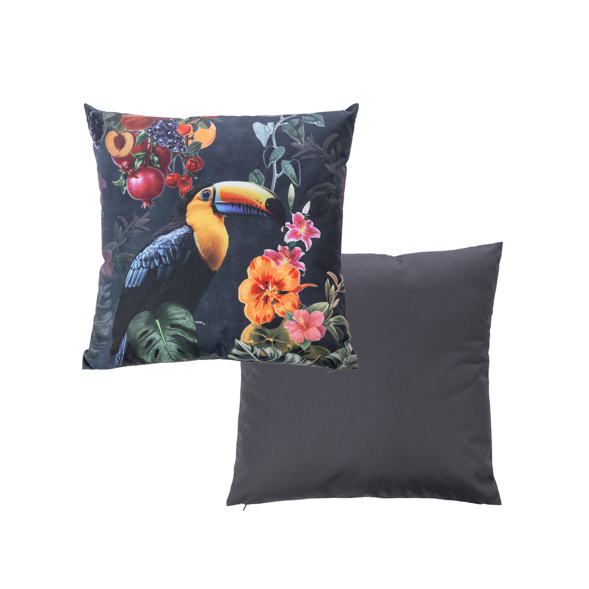 An outdoor cushion front and reverse features a detailed print of a toucan bird perched among fruit & tropical foliage on a light background. And a plain dark grey reverse.
