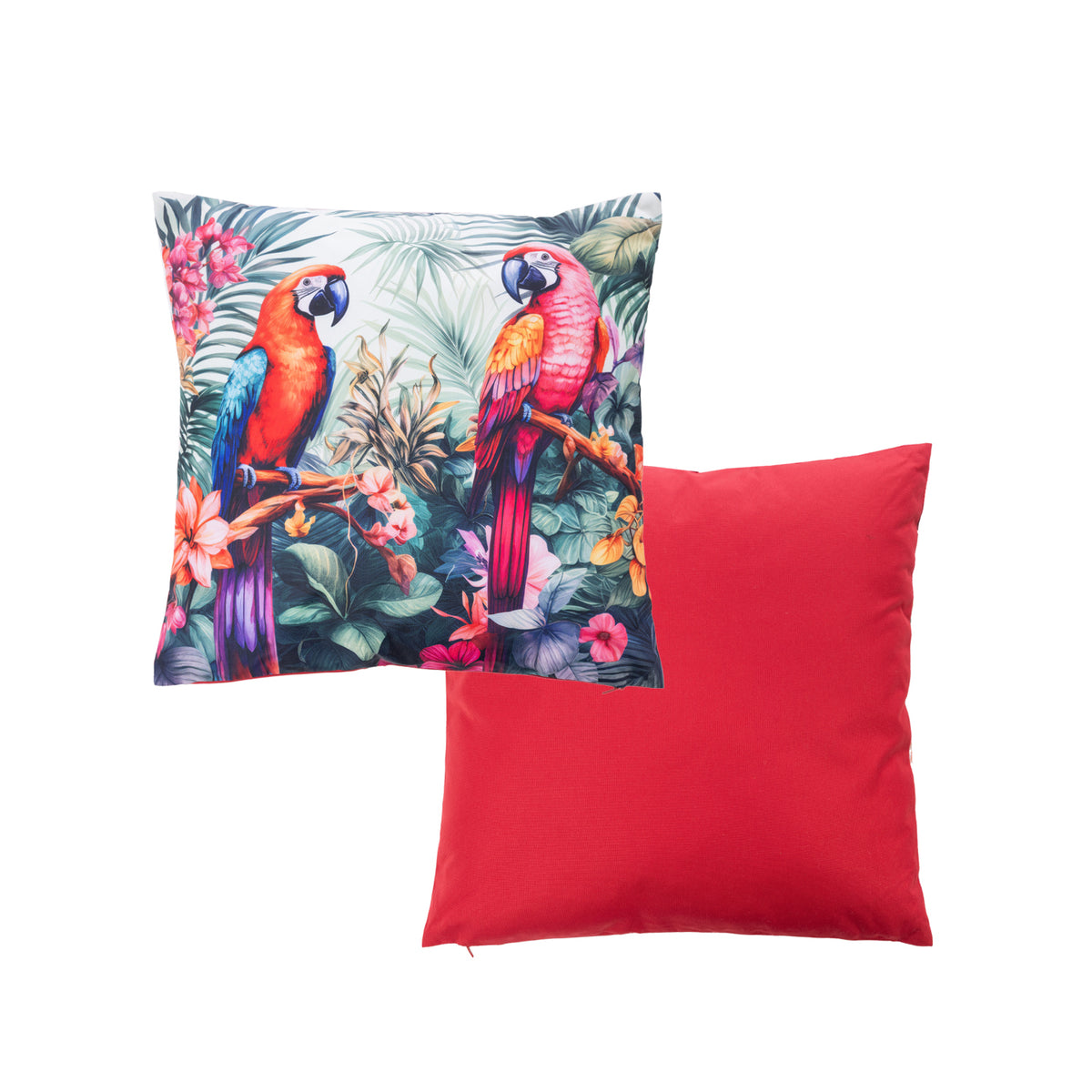 An outdoor cushion featuring a two parrots with a vibrant tropical pattern on a light background, with a plain red reverse shown against a plain white studio backdrop.