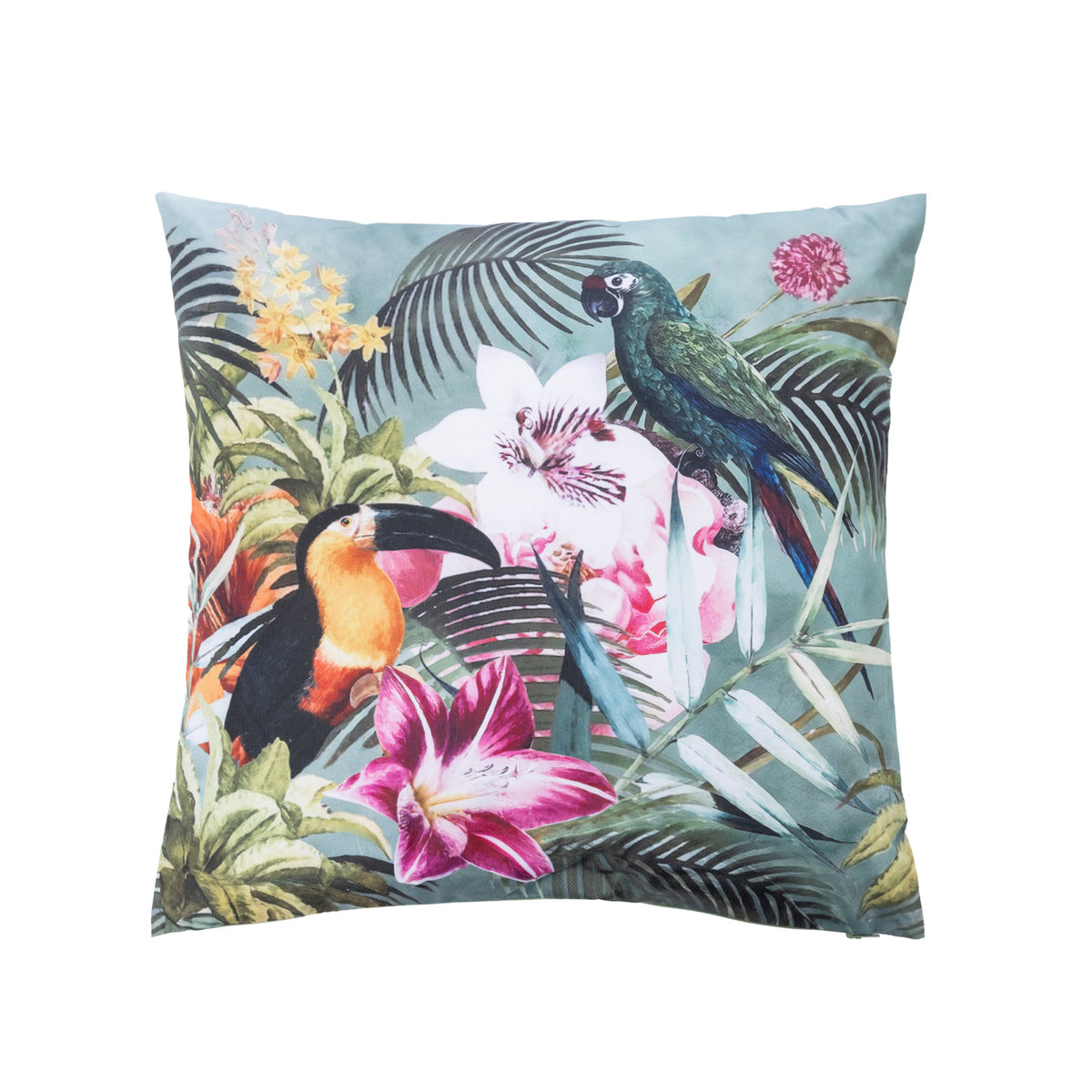 An outdoor cushion featuring a vibrant tropical jungle print with toucans, parrots, palm leaves, and flowers on a  soft green background.