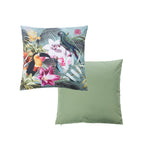 An outdoor cushion featuring a vibrant tropical pattern on a soft green background, with a plain green reverse shown against a plain white studio backdrop.