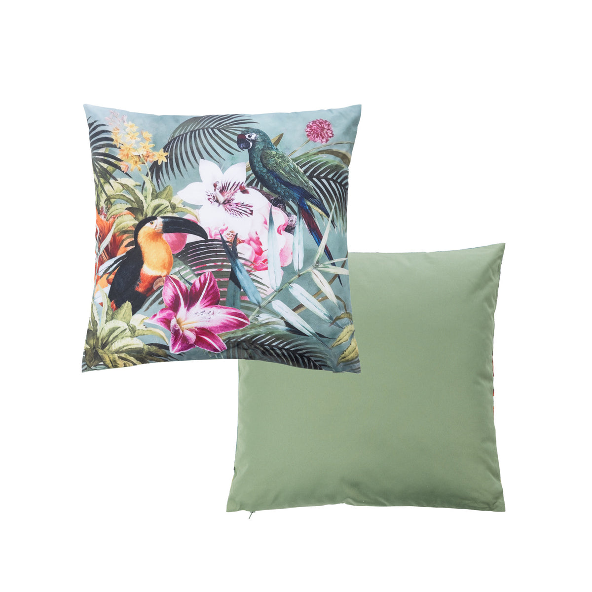 An outdoor cushion featuring a vibrant tropical pattern on a soft green background, with a plain green reverse shown against a plain white studio backdrop.