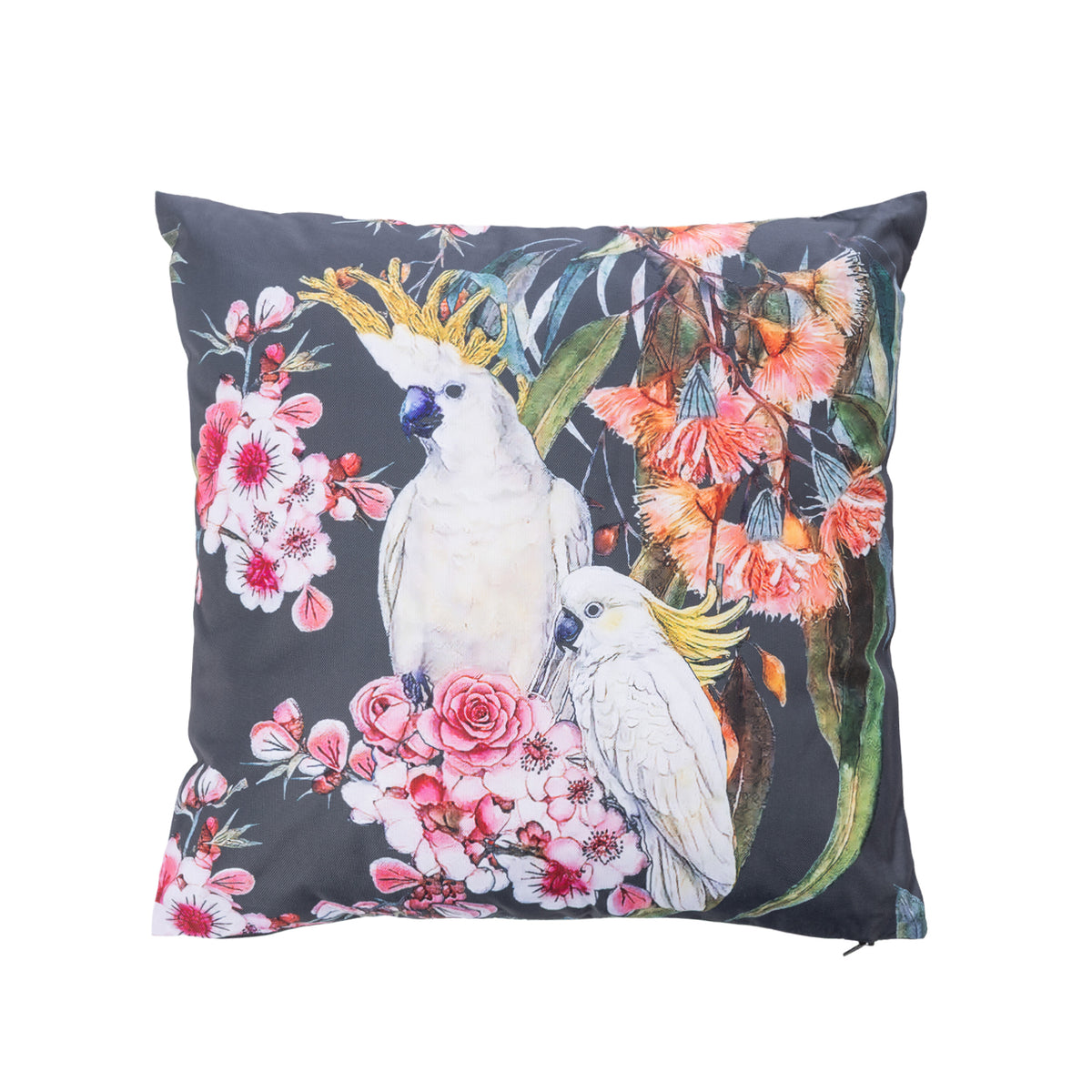 An outdoor featuring a detailed print of two white cockatoos among pink and red flowers on a dark charcoal background.