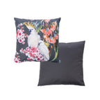 An outdoor cushion front and reverse features a dark charcoal background with a vibrant print of two white cockatoos surrounded by pink and orange flowers.And a plain dark grey reverse.
