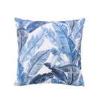 An outdoor cushion featuring a blue and white tropical banana leaf pattern, shown against a plain white background.