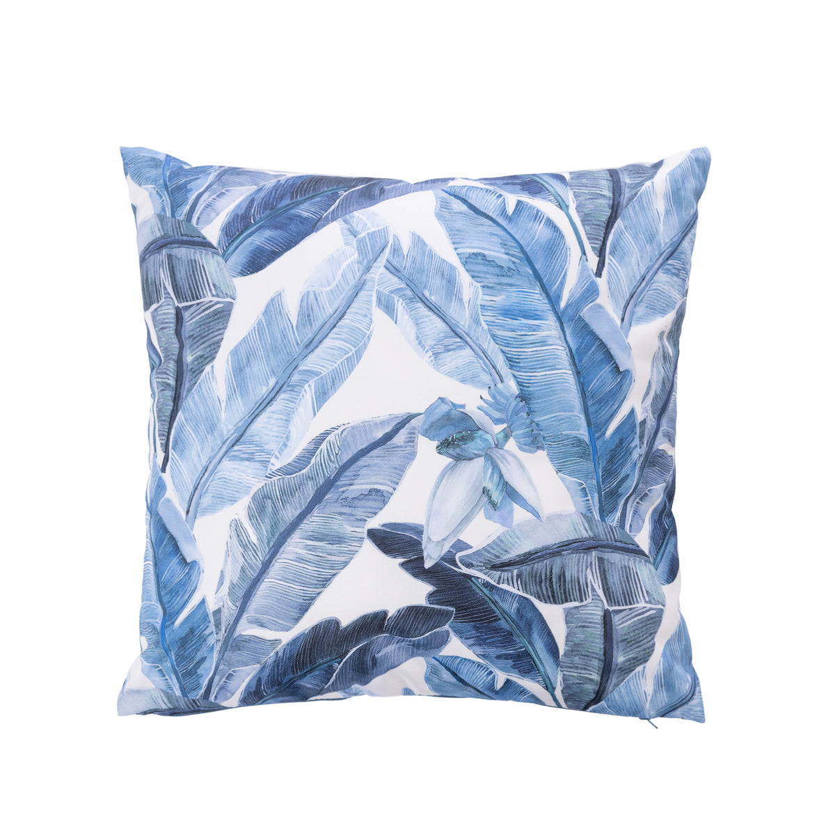 An outdoor cushion featuring a blue and white tropical banana leaf pattern, shown against a plain white background.