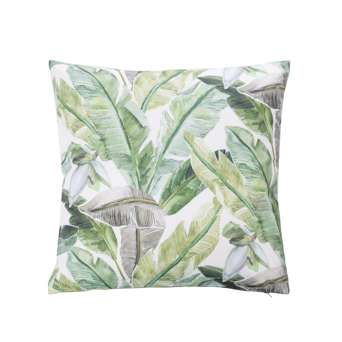An outdoor cushion featuring a watercolor-style tropical banana leaf pattern in shades of green on a white background.