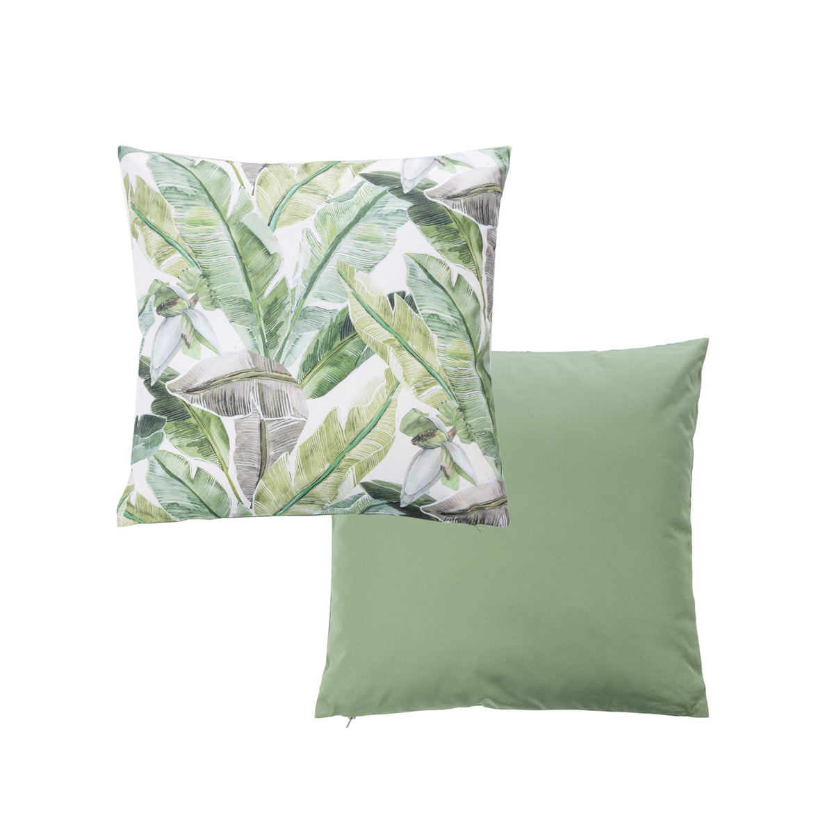 An outdoor cushion features a botanical leaf pattern in green tones on a white base, while the reverse is a solid green color.