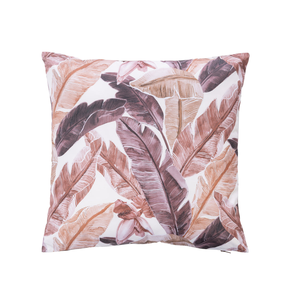 An outdoor cushion featuring a tropical banana leaf pattern in muted shades of brown, dusty rose, and beige on a white background.