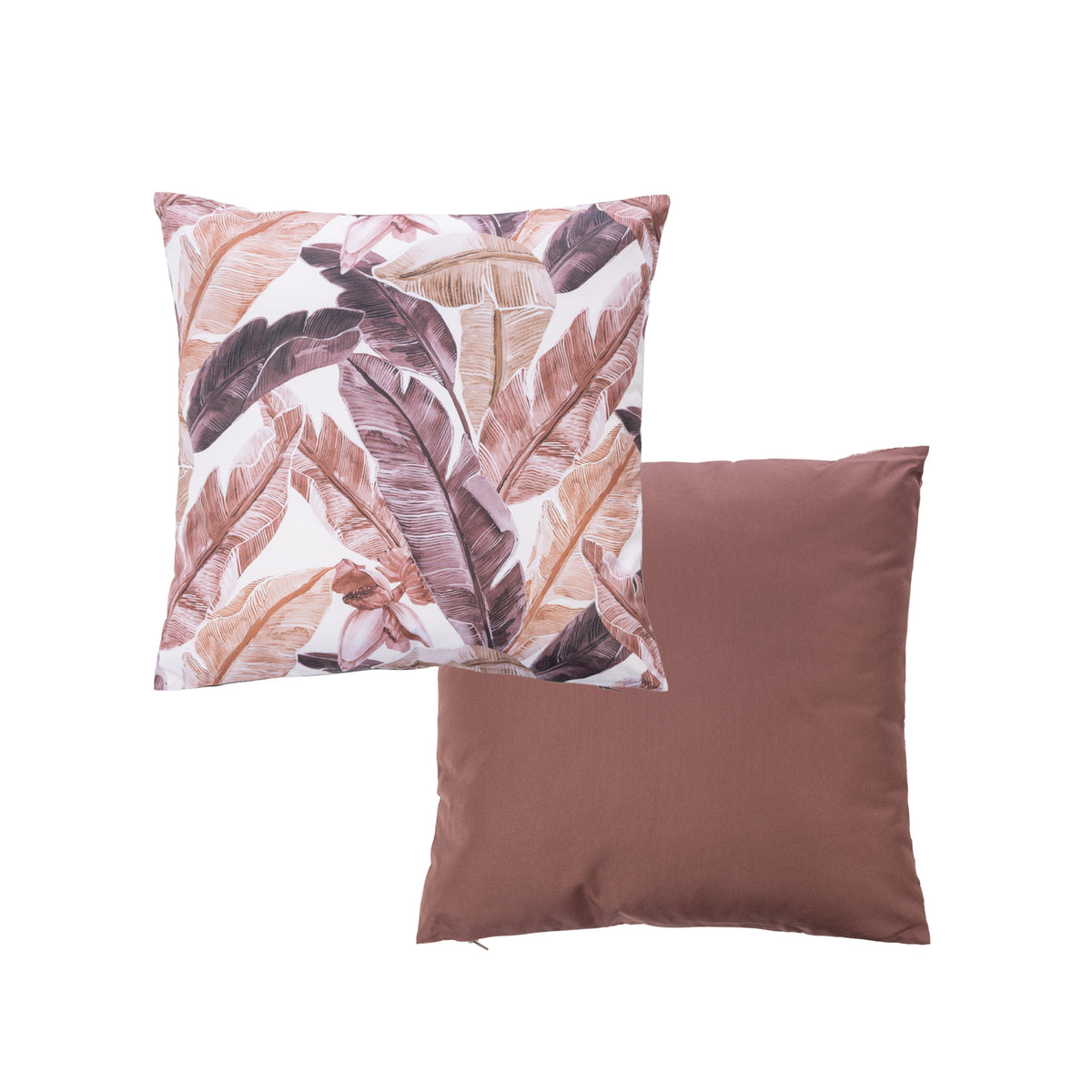 An outdoor cushion features a botanical leaf pattern in muted brown tones on a white base, while the reverse is a solid mocha color.