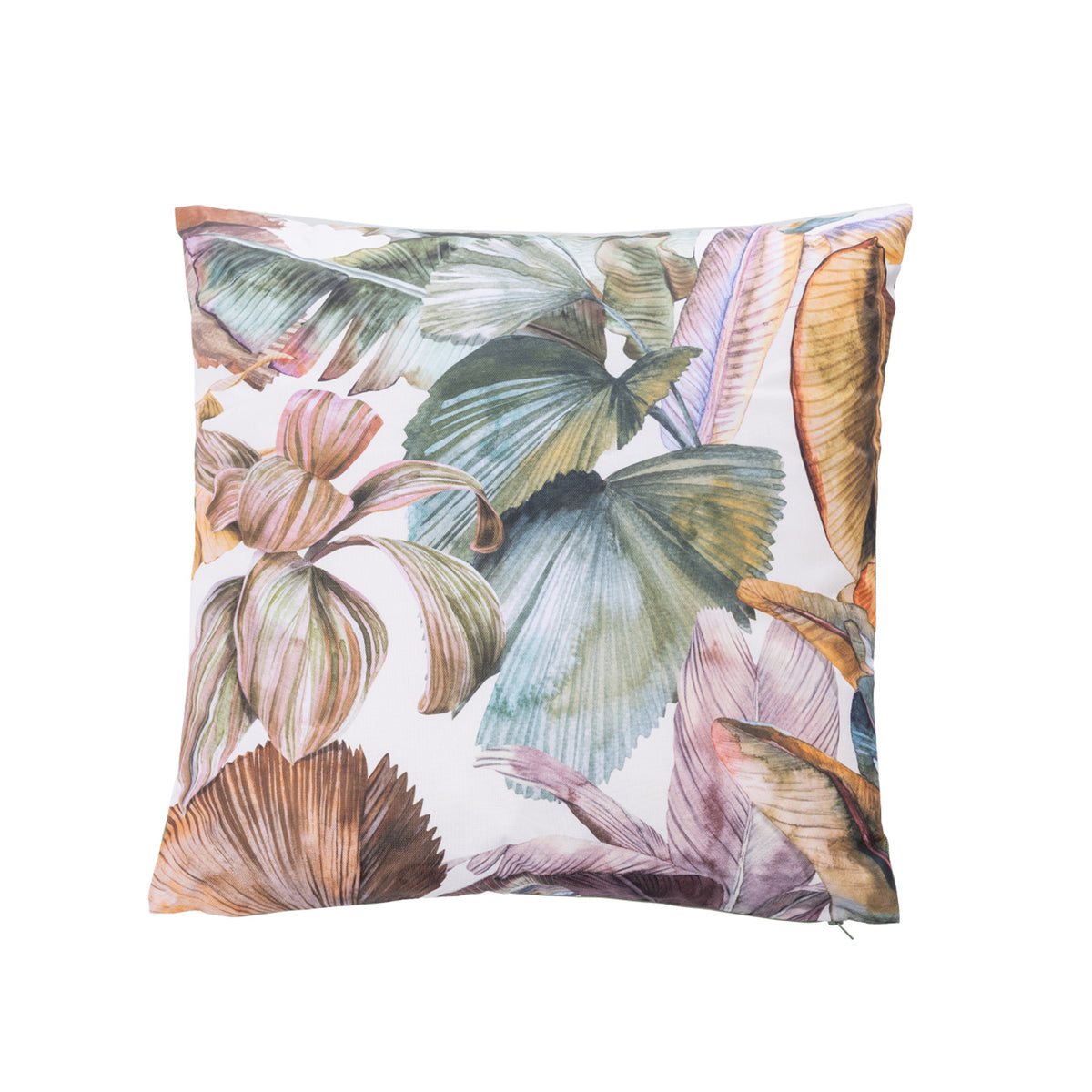 An outdoor cushion featuring a tropical leaf pattern on a white background.