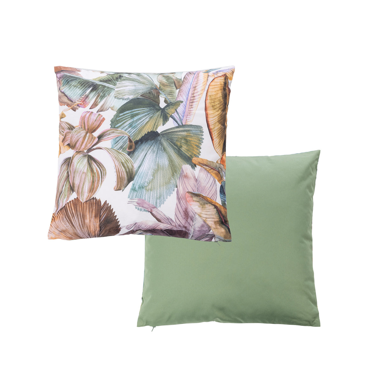 An outdoor cushion features a botanical leaf pattern on a white base, while the reverse is a solid green color.